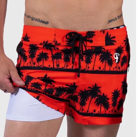 NWT Tucann Black Orange Palm 3” Swim Shorts - Mens Size Large